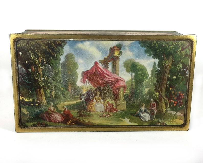 Heavier Tin Constructions Vintage Tin Antique Looking Landscape on Lid 1940s or 1950s