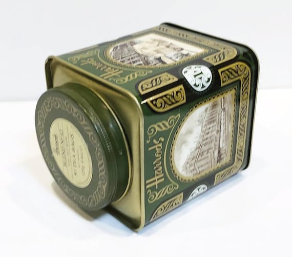 Vintage Harrods Knightsbridge Tin Tea Container, Forest Green With Vintage Illustrations, Gold Trim, Square Tin With Round Screw Top Lid - Etsy Vintage Harrods Knightsbridge Tin Tea Container, Forest Green With Vintage Illustrations, Gold Trim, Square Tin With Round Screw Top Lid - Etsy