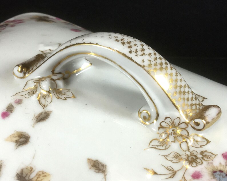 Delicate Pink Flowers by CFHGDM Antique Limoges Rectangular Lidded Serving Dish Fancy Gold Handles