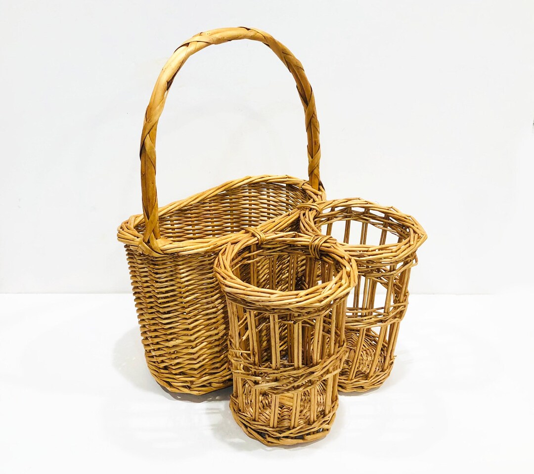 Vintage Wicker Wine Bottle Basket Two Wine Bottle Holders Etsy