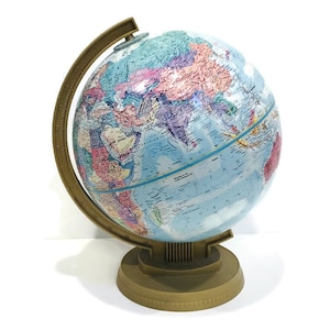 Vintage 9 Inch Globe - Replogle World Scholar Series, Gold Toned Plastic Base and Arm