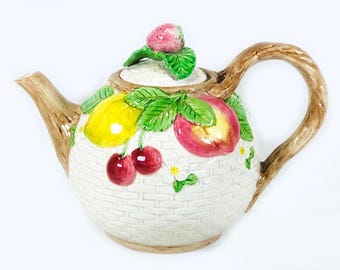 Vintage Fitz & Floyd "Fruit Fair" Teapot, White Basket Weave, circa 1990