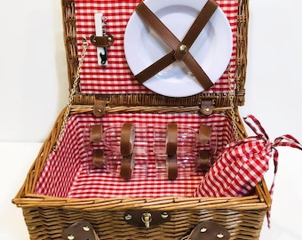 Vintage Wicker Suitcase / Picnic Basket, Faux Leather Handle, Red/White Plaid Interior, White Plastic Plates, Flatware, Wine Glasses for 4
