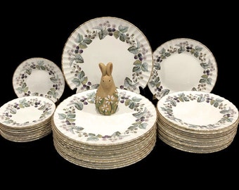 Vintage Royal Worcester, &quot;Lavinia&quot; China,  Berries and Flowers, Gold Trim, Made in England, Dinner Plates, Salad Plates