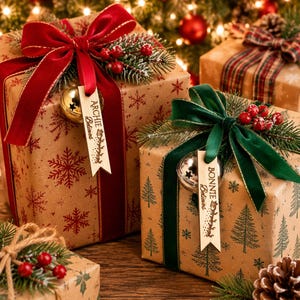May include: Two square gift boxes wrapped in brown paper with snowflake and tree patterns. The left box has a red velvet ribbon, a gold jingle bell, and a wooden tag reading ARCHIE Believes. The right box has a green velvet ribbon, a silver jingle bell, and a wooden tag reading BONNIE Believes.