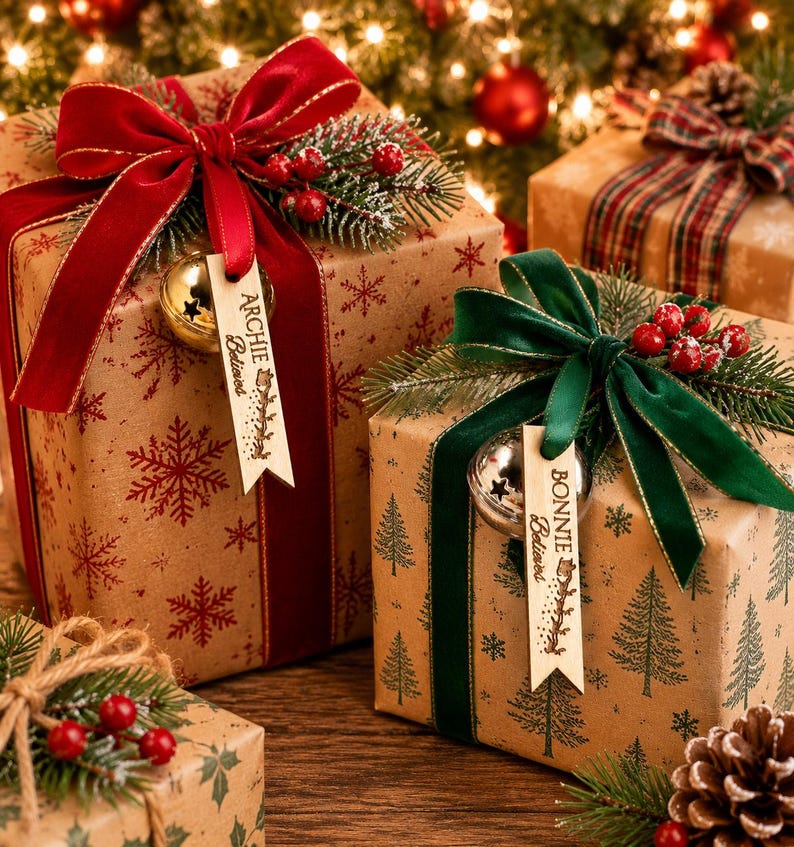 May include: Two square gift boxes wrapped in brown paper with snowflake and tree patterns. The left box has a red velvet ribbon, a gold jingle bell, and a wooden tag reading ARCHIE Believes. The right box has a green velvet ribbon, a silver jingle bell, and a wooden tag reading BONNIE Believes.
