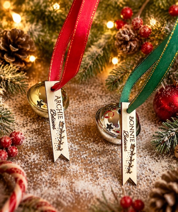 Personalised Believe Bell | Christmas Jingle Bell Ornament | Custom Name Ribbon Keepsake | Holiday Tree Decoration | Stocking Tag