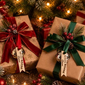 May include: Two square gift boxes wrapped in brown paper with snowflake patterns. One box features a red velvet ribbon, red berries, pine needles, and a silver bell with a wooden tag reading ARCHIE Believes. The other has a green ribbon, red berries, pine needles, and a silver bell with a wooden tag reading BONNIE Believes.