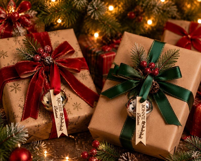 May include: Two square gift boxes wrapped in brown paper with snowflake patterns. One box features a red velvet ribbon, red berries, pine needles, and a silver bell with a wooden tag reading ARCHIE Believes. The other has a green ribbon, red berries, pine needles, and a silver bell with a wooden tag reading BONNIE Believes.