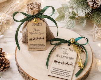 May include: A burlap pouch with a green ribbon and a wooden tag labeled Bonnie's Magic Reindeer Food, alongside a wooden tag labeled Santa's Magic Key to Lily's House with an attached gold-colored metal key and a green ribbon with a small bell.