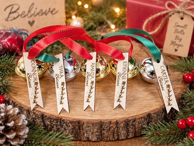 May include: Five metallic jingle bells in gold and silver finishes, each attached to a red or green ribbon with a personalized wooden tag. The tags are engraved with names including Connor, Thea, Amelia, Etienne, and Carter, plus the word Believes.