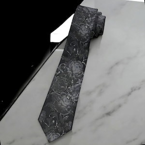 Black On Back Floral Tie - Charcoal Floral Necktie | Black Rose Pattern Tie | Black Wedding Tie | Vintage Black Floral Tie | Dark Floral Tie
