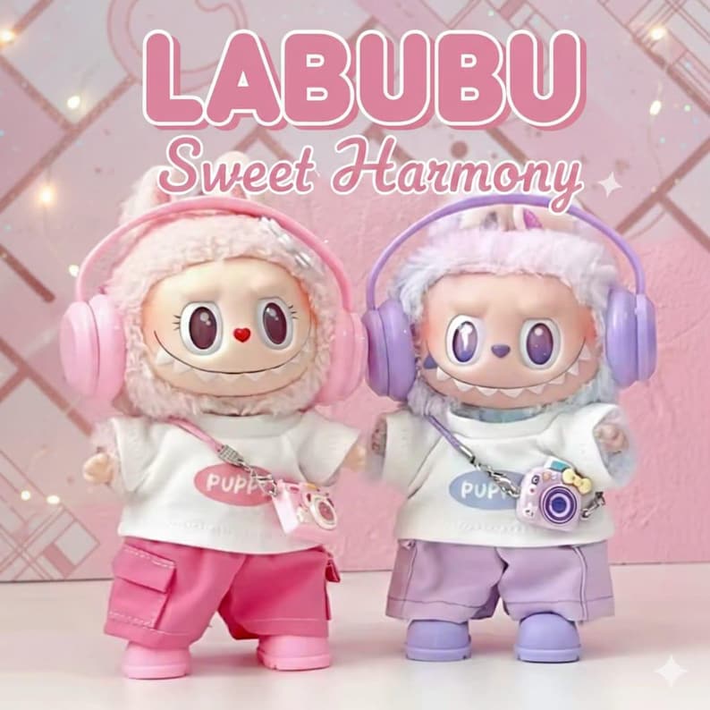 Op de afbeelding: Twee LABUBU Sweet Harmony poppen. De ene pop is roze, de andere paars. Beide poppen dragen een koptelefoon, witte t-shirts en shorts. Elke pop heeft een cameratas. De achtergrond is roze.