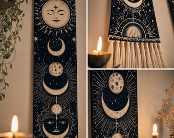 Celestial Wall Hanging • Moon & Sun Phases • Boho Cosmic Decor • Mystical Tapestry Art