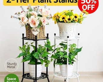 Plant Stand Indoor 2 Tier – Sturdy Wrought Iron Flower Rack for Patio, Living Room – Small Space Organizer – Black & White Set