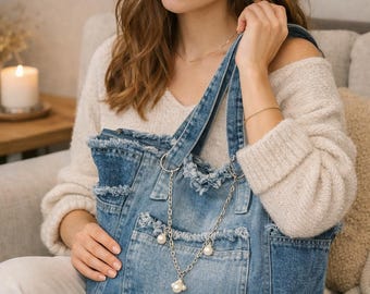 Distressed Denim Tote Bag with Pearl Chain – Frayed Jean Shoulder Purse, Casual Street Style Accessory