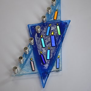 Blue Star of David glass fused menorah, kosher menorah, Jewish art wedding gift, Hanukkah gift, fun menorah by Yafitglass