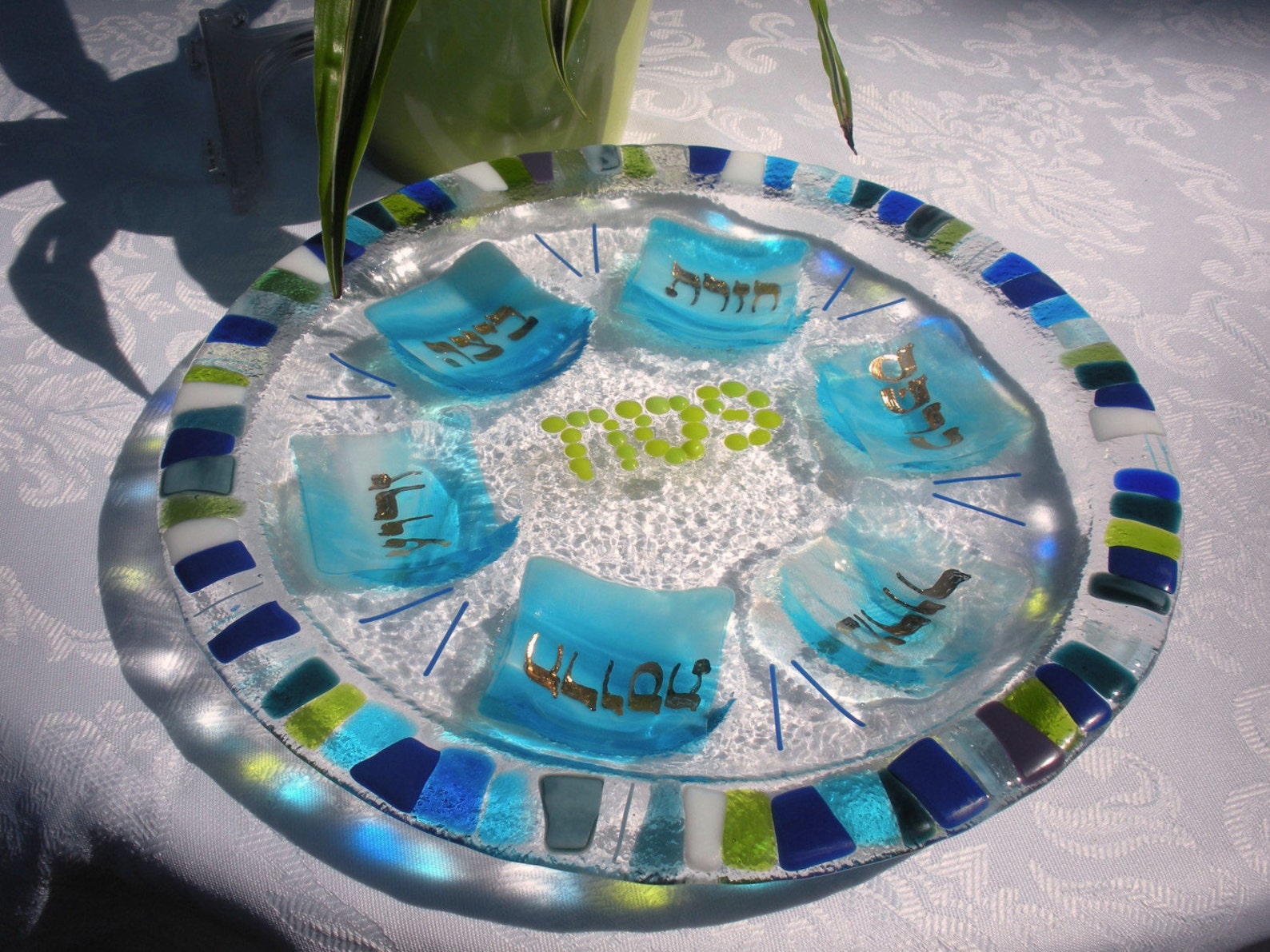 Mosaic Glass Fused Seder Plate Hebrew Lettering by Yafitglass Etsy