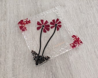 Black and red daisy flowers small glass fused square plate by YafitGlass