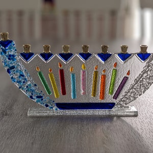 Hanukkah candles glass fused menorah, Jewish wedding gift, colorful candles, free standing tall traditional menorah by YafitGlass