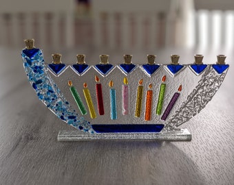 Hanukkah candles glass fused menorah, Jewish wedding gift, colorful candles, free standing tall traditional menorah by YafitGlass