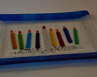 Hanukkah colorful candles glass fused plate by YafitGlass