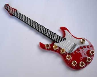 Red electric guitar glass fused menorah, Bar mitzvah gift, Bat mitzvah gift, guitar player Jewish fun gift by YafitGlass