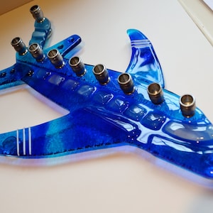 Kids airplane blue glass fused menorah, Jewish Bar mitzvah gift, pilot gift, Hanukkah handmade functional art by YafitGlass