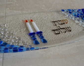 Shabbat Shalom Challah glass fused plate in blue shades, Jewish wedding gift, housewarming gift by YafitGlass