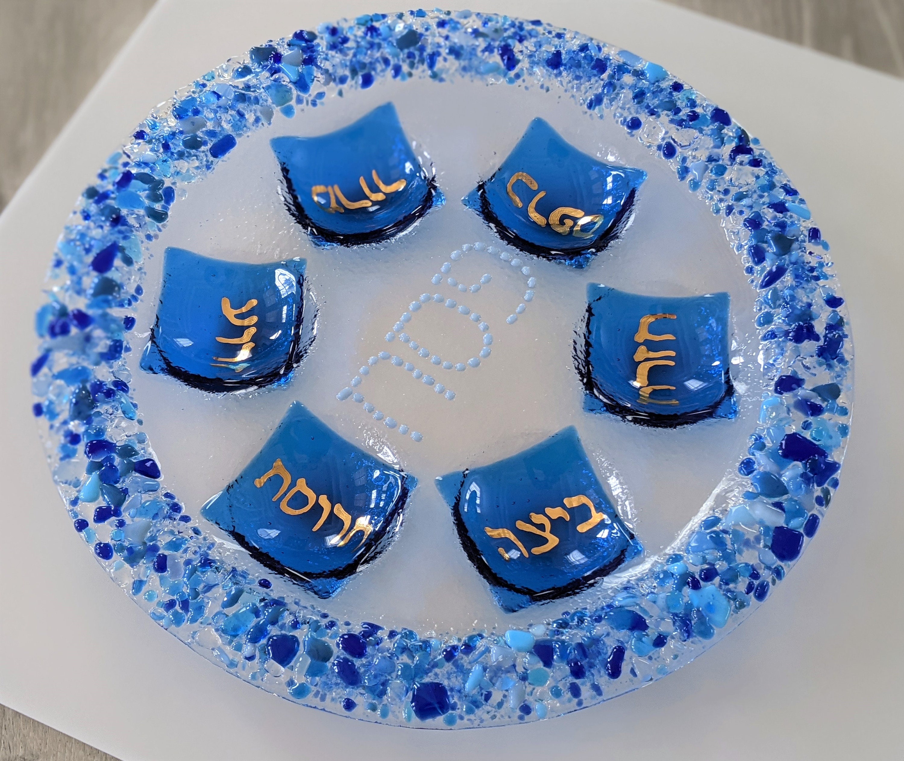 Blue Shards Seder Plate Hebrew Lettering by Yafitglass Etsy