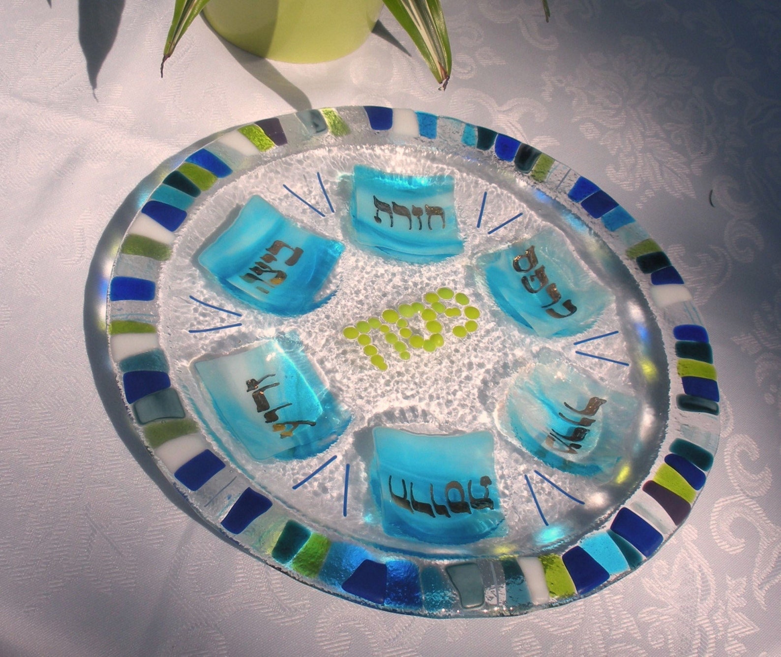 Mosaic Glass Fused Seder Plate Hebrew Lettering by Yafitglass Etsy