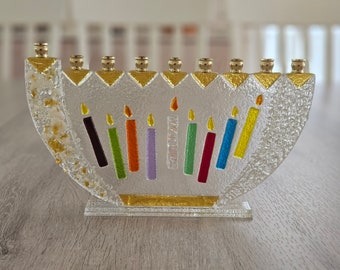 Royal wedding Hanukkah candles glass fused menorah Jewish wedding gift colorful candles free standing tall traditional menorah by YafitGlass