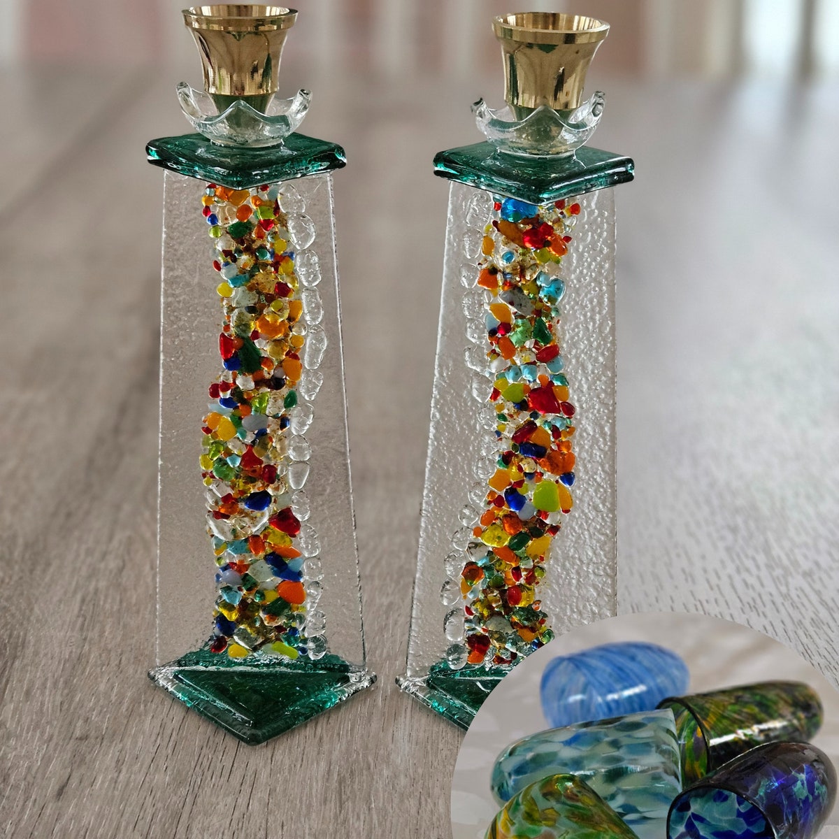 Shower gift- Colorful Shards Crushed Wedding Glass Shabbat Candlesticks & Chuppah Cup Bundle (Seaform Green)