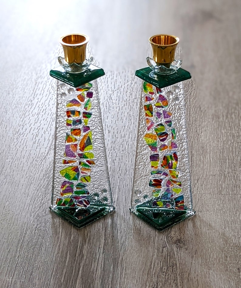 Jewish wedding shards keepsake Shabbat candle sticks Chuppah glass shards art Jewish wedding gift candle holder custom order By YafitGlass