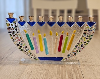 Happy candles wedding shards menorah from your Chuppah shards upright traditional menorah Jewish wedding gift for the couple by Yafitglass