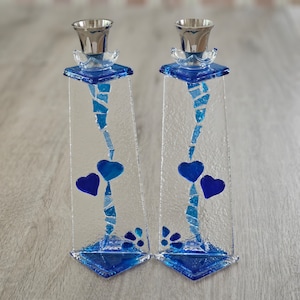 Zwei Herzen Hochzeitsscherben Shabbat Kerzenhalter, Chuppah Glasscherben, Jüdische Hochzeitsgeschenk Kerzenhalter Sonderanfertigung By YafitGlass