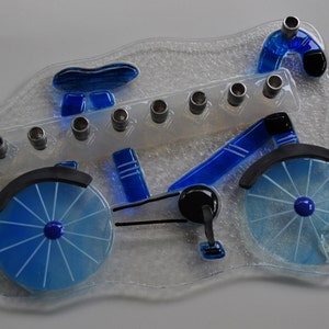 Blue bicycle glass fused menorah, kids menorah, bike rider menorah, Bar mitzvah gift, Bat mitzvah gift, Jewish functional art by YafitGlass