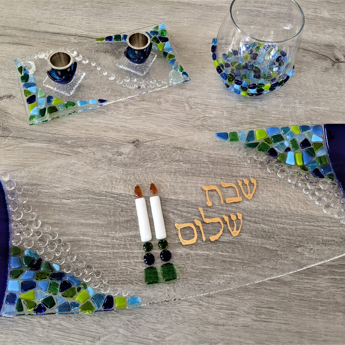 Chuppah Glass Shards Shabbat Set (Challah Plate, Candleholder and Kiddush Cup) by Yafitglass - Etsy