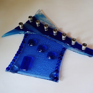 House glass fused menorah in blue shades, home menorah, kosher menorah, kids fun Chanukiya, housewarming gift by YafitGlass