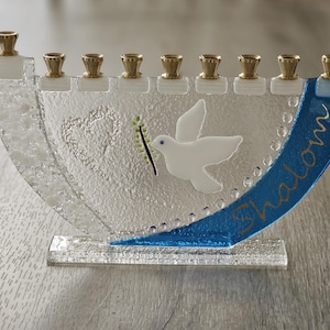 Shalom menorah peace dove Hanukkah glass fused menorah Jewish wedding gift free standing tall traditional menorah by YafitGlass