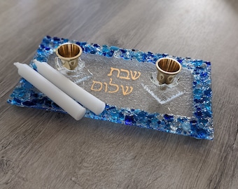 Shabbat Shalom blue shards candle holder Jewish woman gift Bat mitzvah gift, Sabbath glass art upright candle holder by YafitGlass