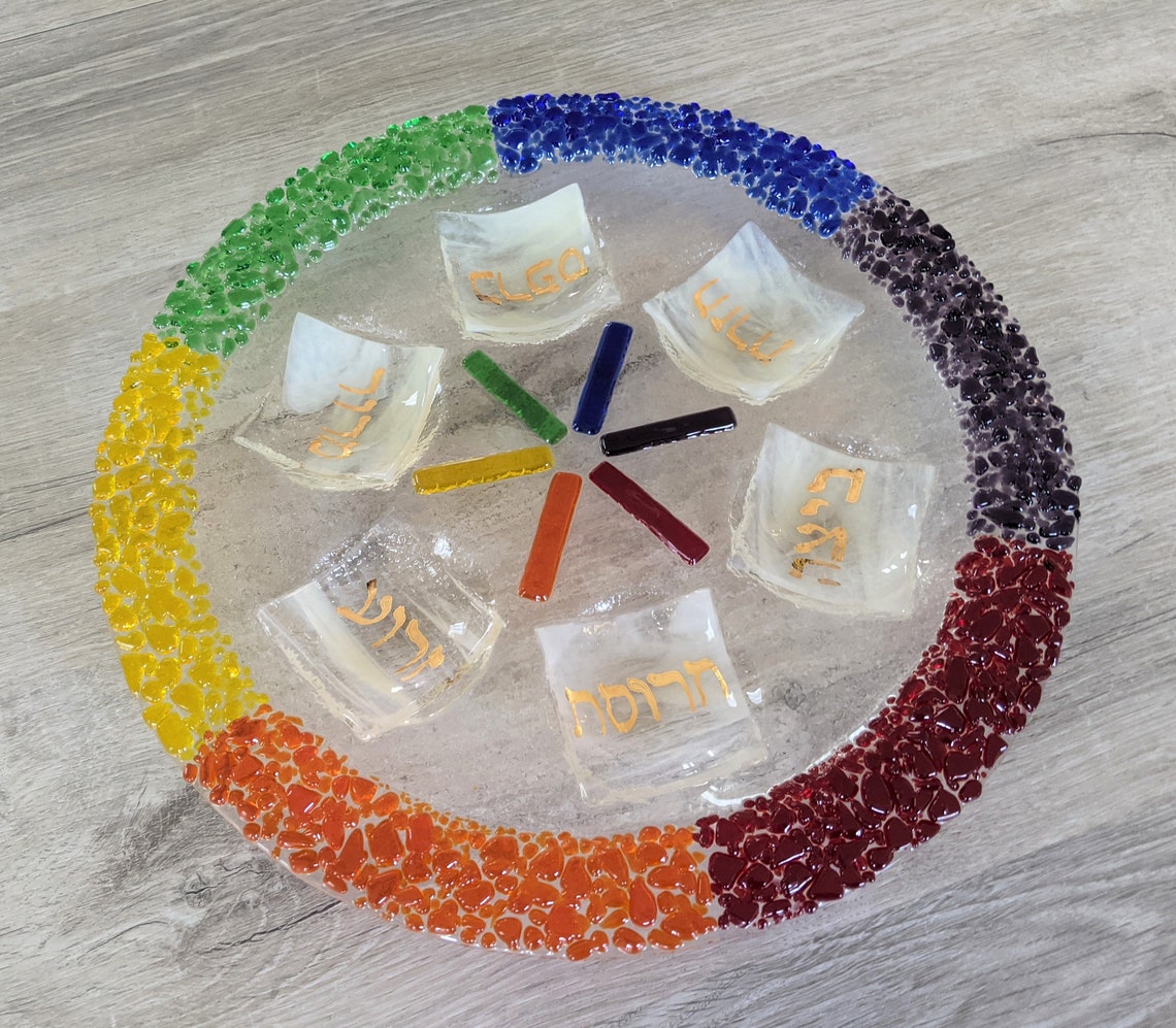 LGBTQ Glass Fused Seder Plate Hebrew Lettering by Yafitglass Etsy