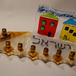 Hochzeitsglas Shards Menorah, Jüdisches Hochzeitsgeschenk, Jahrestag Geschenk by YafitGlass