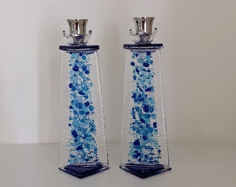 Blue shards Shabbat candle sticks, Sabbath upright glass candle holders, Jewish wedding gift candle holder By YafitGlass