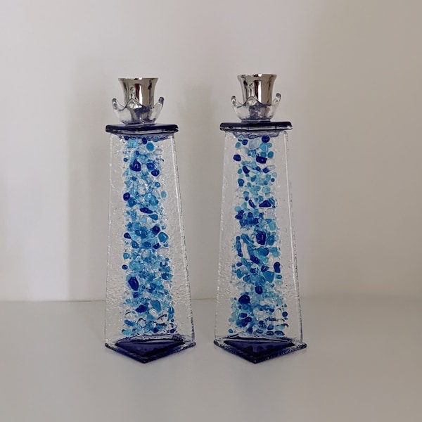 Blue shards Shabbat candle sticks, Sabbath upright glass candle holders, Jewish wedding gift candle holder By YafitGlass