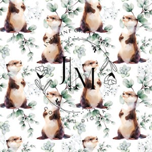 May include: A repeating pattern featuring watercolor otters in shades of brown and cream, set against a backdrop of green eucalyptus leaves and white flowers. The design includes the text "INFINI CREATIONS" and "CONTENU DIGITAL" in a circular arrangement, with the letters "J" and "M" in the center.