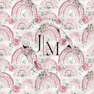 Op de afbeelding: Een herhalend patroon met aquarel regenboogjes in roze en blush tinten, versierd met bloemstukken. Het ontwerp bevat de tekst "INFINI CREATIONS" en "CONTENU DIGITAL" met de initialen "JM" in het midden, alles op een lichtroze achtergrond.