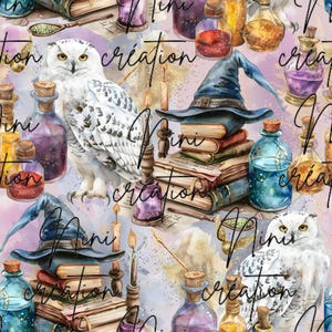 May include: A seamless pattern featuring a watercolor illustration of a white owl, a witch's hat, stacks of books, candles, and potion bottles. The background is a soft purple with a watercolor effect. The text "mini creations" is repeated throughout the pattern.