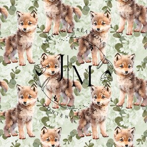May include: A repeating pattern of watercolor-style wolf cubs in shades of brown and tan, set against a light green background with eucalyptus leaves. The design includes the letters "JIM" and the words "INFINI CRÉATIONS" and "CONTENU DIGITAL".