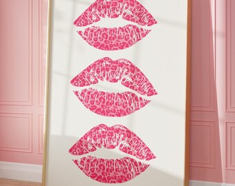Trendy Lipstick Kisses Print, Makeup Raumdekor, Niedliche Wohnung Dekoration, Adrette Wohnheim Poster, Y2K Funky Wandkunst, Pink Leopard Ästhetik
